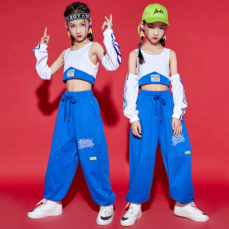 Kids Hip Hop Costume Jazz Dance Tops Pants Blue Set Loose Street Dance  Clothing