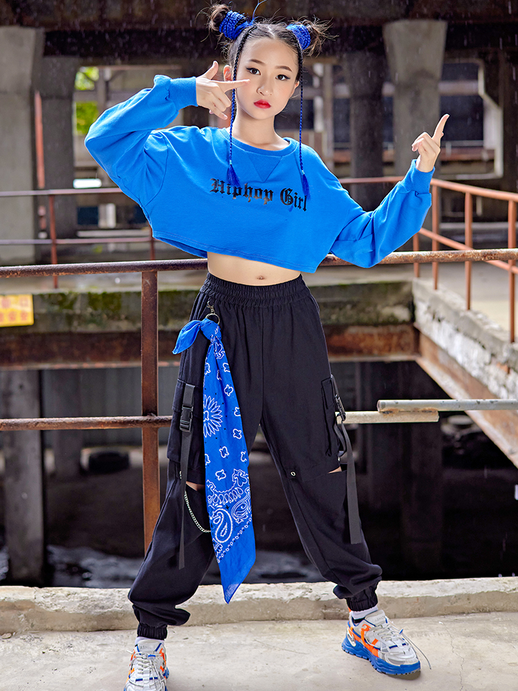 Fashion Kids Jazz Dance Costume Blue Crop Tops Cargo Pants Hiphop Clothes  For Girls Kpop Concert Performance Outfit Bl92 size 170cm Color Tops-Pants  2pcs