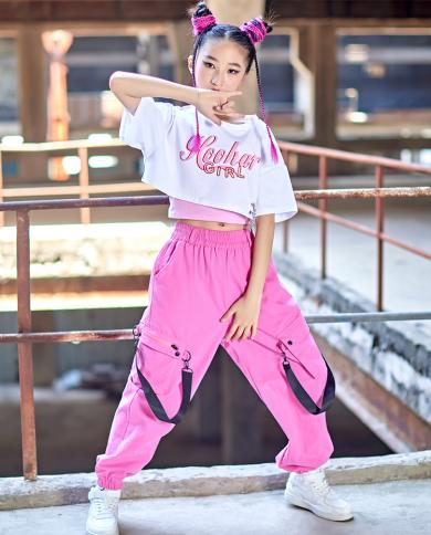 Modern Jazz Dance Costume Hip Hop Girls Clothes Crop Tops Black Pants Long  Sleeved Kpop Performance Outfit Kids Stage We size 140cm Color Vest And  Tops 2pcs