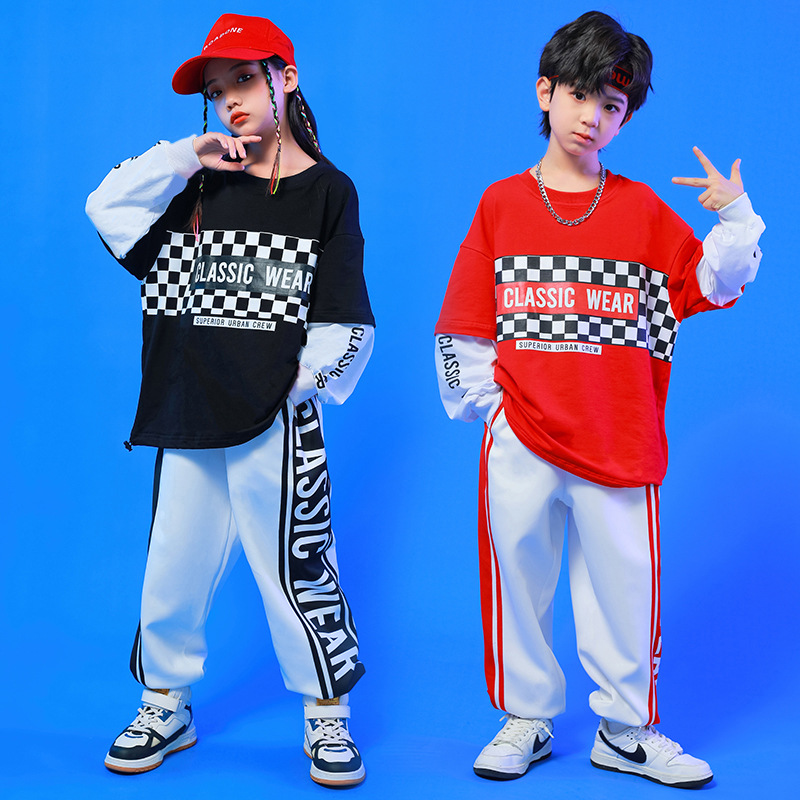 2pcs Girls Boys Daily Wear Long Sleeve Top + Sport Jogger Pants Set Hip-hop  Outfit For Dance Costume Performance Clothes