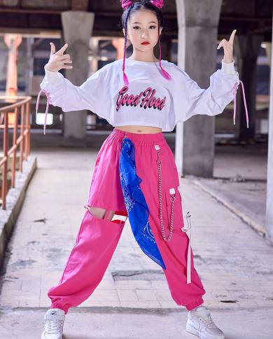 Kids Jazz Dance Clothes For Girls Hip Hop Performance Costume White Tops  Pants Loose Modern Dance Kpop Outfit Rave Wear size 120CM Color 3pcs