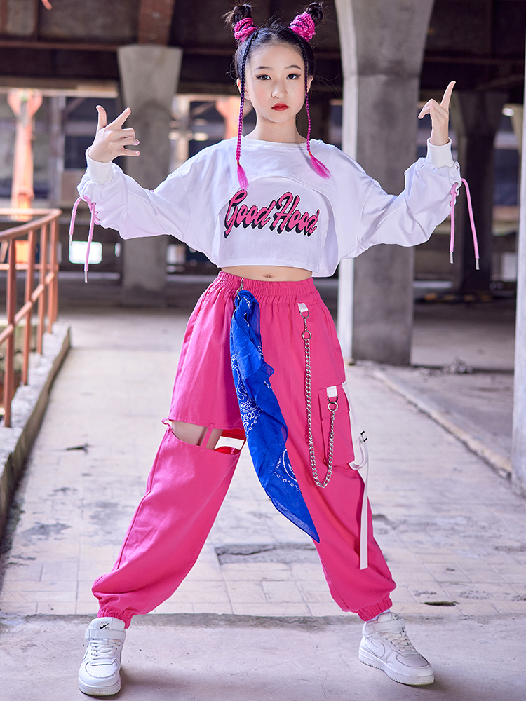 New Children Street Dance Costume Hip Hop Clothing Girls Short Sleeves Tops  Pants Jazz Performance Outfit Rave Wear size 160cm Color Tops-Vest-Pants  3pcs