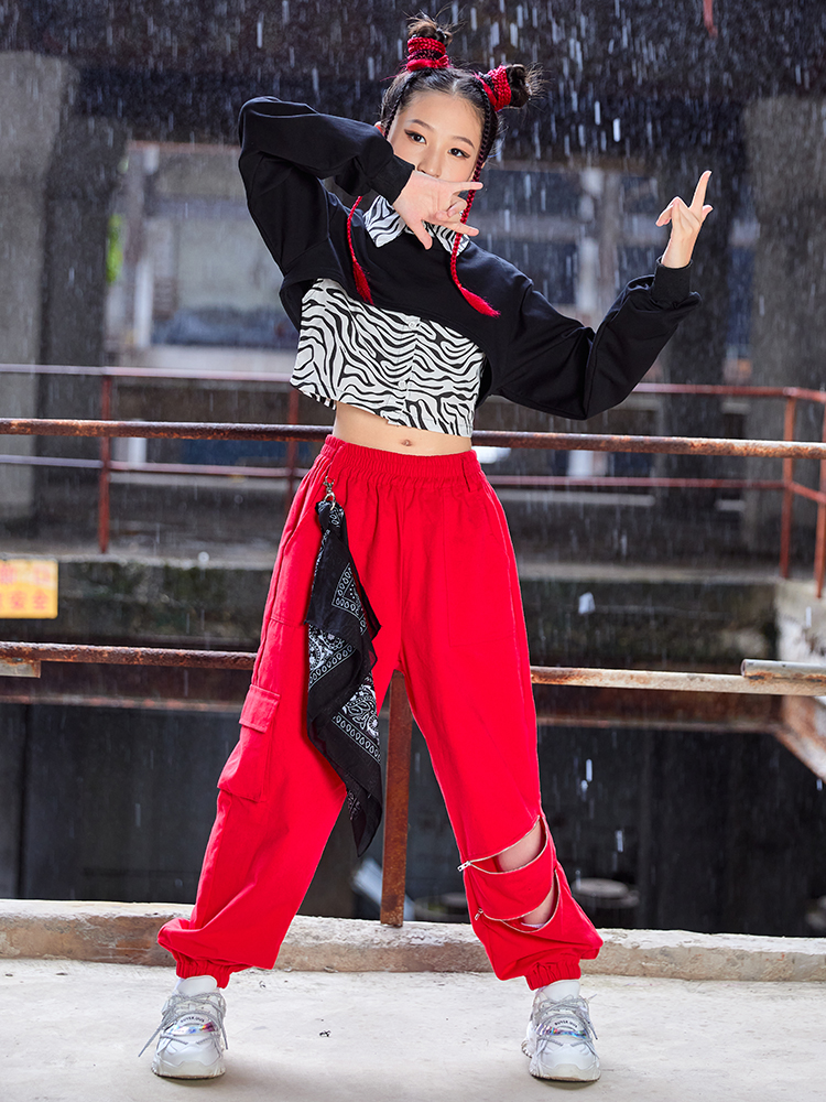 Stage Wear Kids Hip Hop Dance Costume Girls Chinese Style Red Tops Black  Pants Performance Suit Summer Street Rave Clothes BL8213
