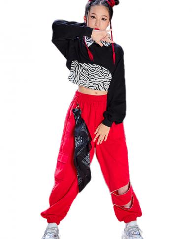 2023 Kids Jazz Dance Costume Girls Tops Red Hip Hop Pants Long