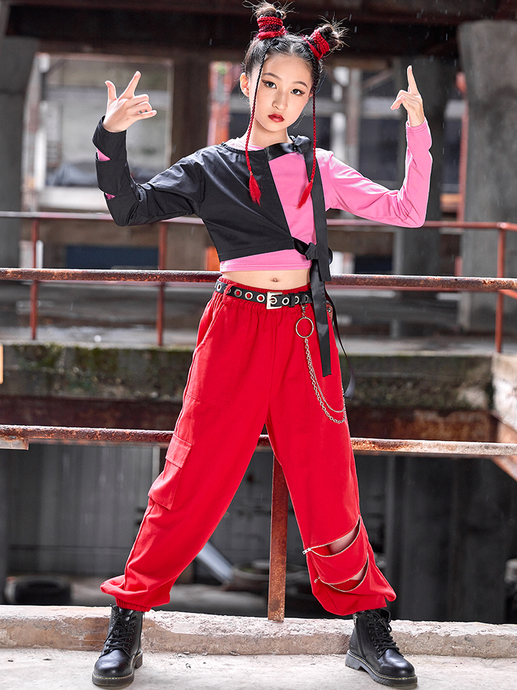 2023 Kids Jazz Dance Costume Girls Tops Red Hip Hop Pants Long Sleeves Suit  Fashion Kpop