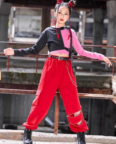 2023 Kids Jazz Dance Costume Girls Tops Red Hip Hop Pants Long