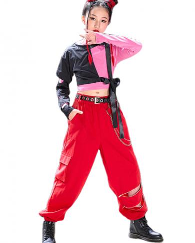 2023 Kids Jazz Dance Costume Girls Tops Red Hip Hop Pants Long Sleeves Suit  Fashion Kpop