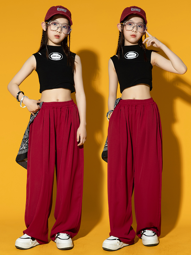 2023 Girls Jazz Dance Clothes Black Crop Tops Red Cargo Pants Street Dance  Outfit Hip Hop