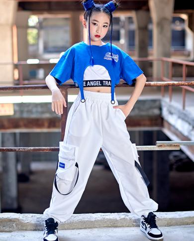 2023 Hip Hop Girls Dance Clothes Summer Blue Short Sleeves Suit Loose Tops Pants  Street Wear