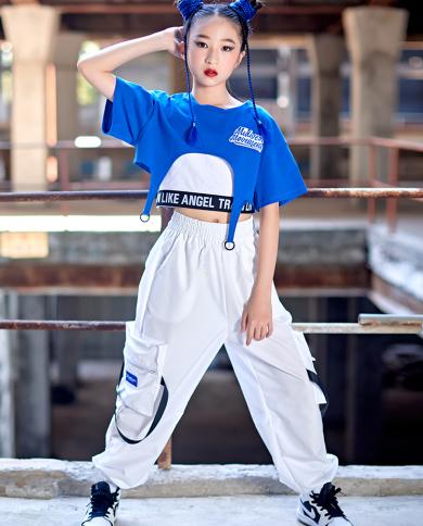 2023 Hip Hop Girls Dance Clothes Summer Blue Short Sleeves Suit