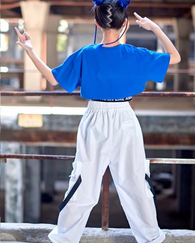 2023 Hip Hop Girls Dance Clothes Summer Blue Short Sleeves Suit Loose Tops  Pants Street Wear