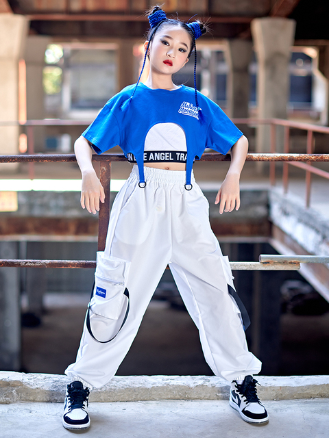 2023 Hip Hop Girls Dance Clothes Summer Blue Short Sleeves