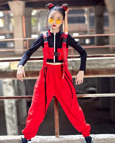 2023 Jazz Costume Girls Modern Dance Clothes Black Vest Red Pants Kids Hip  Hop Performance Outfit Ballroom Practice Wear