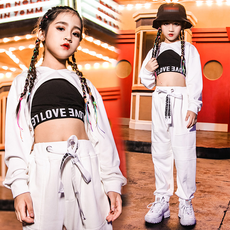 Children Hip Hop Dance Clothes Girl's Crop Tops White Hiphop Pants Jazz  Performance Outfit Concert Ballroom Dance Costum size 170cm Color Pants