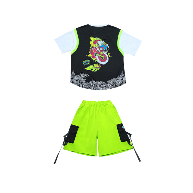 Boys Street Dance Hip Hop Outfit Loose Black Tshirts Green Shorts