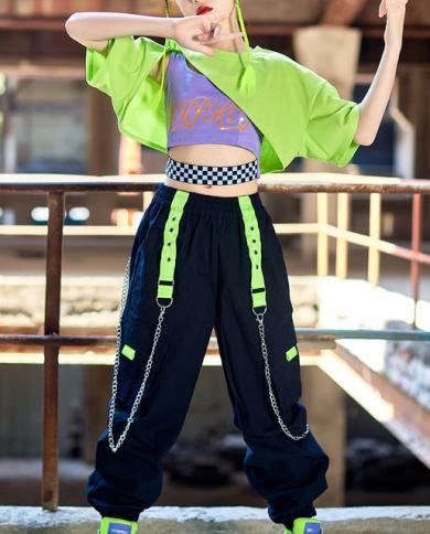 2023 Summer Hip Hop Dance Costume Child Short Sleeves Crop Tops Black Hiphop  Pants Girls Jazz
