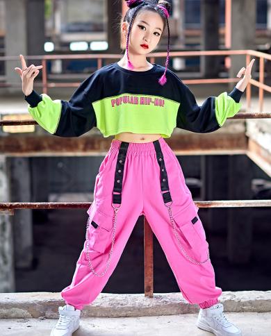 Teen Kids Jazz Dance Clothes Girls Long Sleeves Tops Pink Hiphop Pants  Catwalk Concert Show Costume Kpop Stage Wear Rave size 130cm Color Tops And  Pants