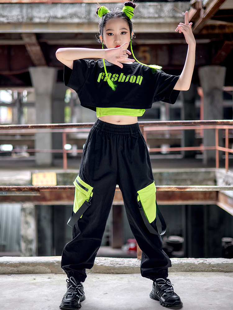 Kids Hip Hop Dance Clothes Girls Black Crop Tops Pants Kpop Wear