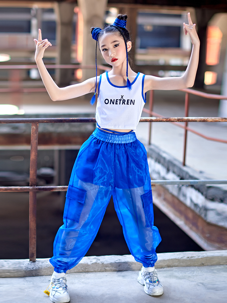 2023 Children Jazz Dance Clothes Girls Vest Blue Mesh Pants Hip Hop Costume  Summer Streetwear Concert Performance Outfit size 120CM Color Vest And Pants
