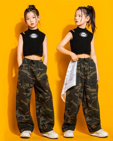 2023 Hip Hop Girls Dance Costume Jazz Dance Clothes Cropped Vest Loose  Camouflage Pants Kids Kpop Hiphop Performance Wea size 110CM Color Pants