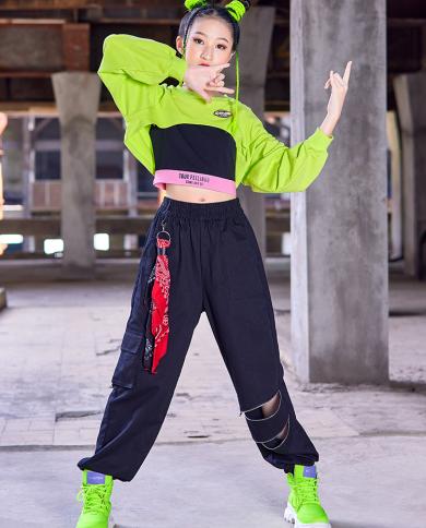 2023 Hip Hop Dance Costume Girls Green Crop Tops Black Sweatpants Long  Sleeves Jazz Performance Clothes