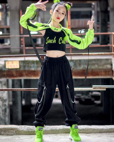 Kids Kpop Hip Hop Dance Outfit Girls Green Long Sleeves Street Dance Wear  Jazz Performance Costume Catwalk Stage Clothes size 130cm Color Vest-Tops- Pants 3pcs