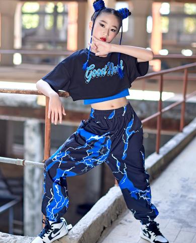 2023 Hip Hop Girls Dance Clothes Summer Blue Short Sleeves Suit