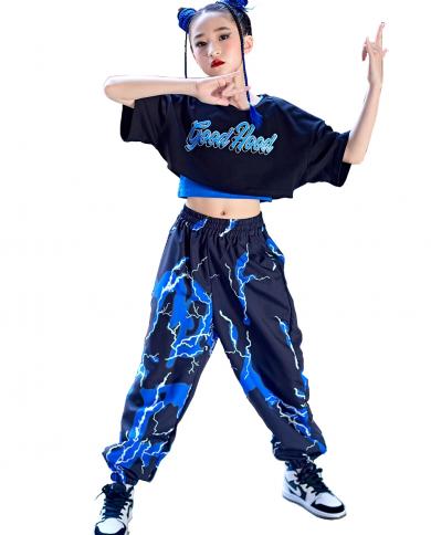 2023 New Children Street Dance Costume Hip Hop Clothing Girls Short Sleeves  Tops Pants Jazz Performance