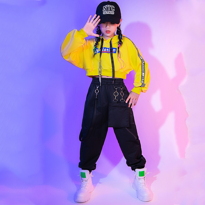 Hip Hop Costumes Long Sleeve Yellow Tops Black Pants For Girls Ballroom  Jazz Dance Clothes Street Stage Performance Wear BL5304