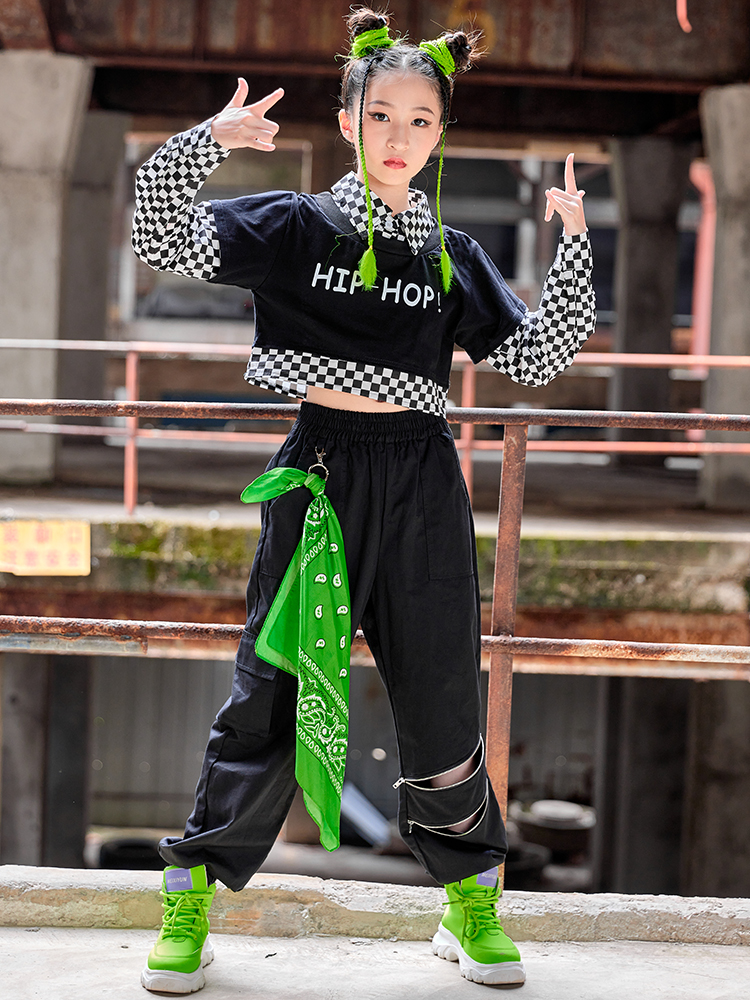 Hip Hop Dance Costume Girls Long Sleeves Crop Tops Black Hiphop Pants  Fashion Navel Kpop Outfit Kids Jazz Dance Show Wea size 120CM Color  Vest-Tops 2pcs
