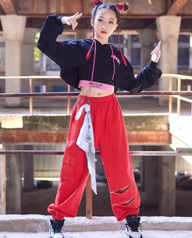 Hip Hop Girls Dance Clothes Cropped Black Tops Red Pants Loose