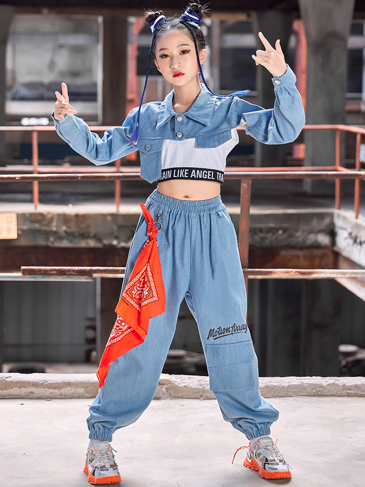 New Girls Hip Hop Clothes Denim Tops Pants Jazz Dance Costume Kids Street  Dance Suit Hiphop Performance Outfit Rave Wear size 160cm Color 3pcs