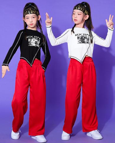 Girls Jazz Dance Clothes Long Sleeves Tops Red Pants Kids Hip Hop Costume  Concert Catwalk Fashion Wear Kpop Stage Outfit size 130cm Color Tops-Pants  2pcs