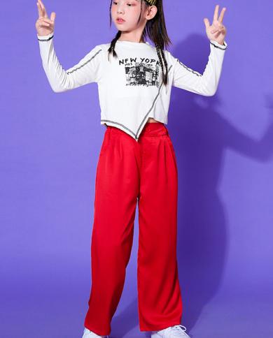 Girls Jazz Dance Clothes Long Sleeves Tops Red Pants Kids Hip Hop Costume  Concert Catwalk Fashion Wear Kpop Stage Outfit size 130cm Color Tops-Pants  2pcs