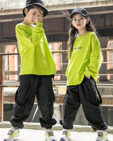 2023 Boys Hip Hop Costume Loose Green Sweater Black Cargo Pants Girls Jazz  Street Dance Performance