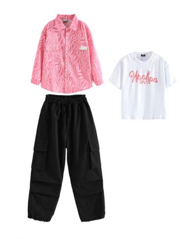 Modern Hip Hop Dance Clothes Girls Boys Pink Shirt Black Cargo Pants  Teenagers Hiphop Performance Costume Jazz Dancewear size 140cm Color 3pcs