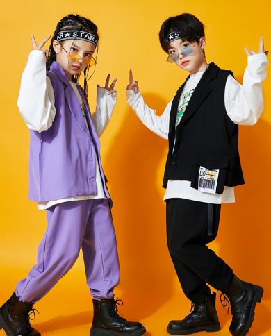 2023 Kids Hip Hop Dance Costume Girls Kpop Outfit Black Leather Vest Pants  Boys Streetwear Jazz