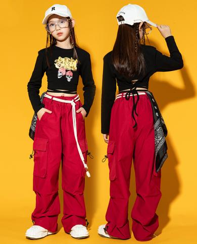 2023 Girls Jazz Dance Clothes Black Crop Tops Red Cargo Pants