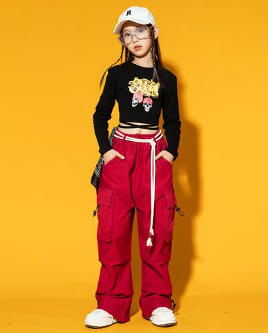 Hip Hop Girls Dance Costume Black Tops Red Cargo Pants Jazz Performance  Outfits Kids Street Dance Clothing Rave Clothes size 140cm Color 3pcs