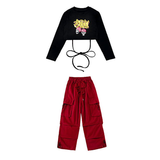 Girls' Black Crop Top and Pants Hip Hop Dance Outfit for Kpop Jazz  Performance and Concerts (BL8604Stage)