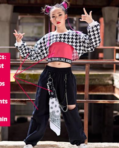 Girls Modern Dance Clothing Hip Hop Costume Cropped Tops Black Pants Kids  Jazz Street Dance Group Show Outfits Stage Wea size 170cm Color 4pcs