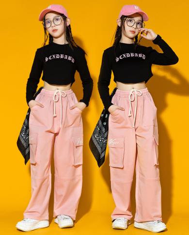 Kpop Jazz Dance Costume Girls Modern Dance Performance Clothes Kids Hip Hop  Outfit Black Tops Pink Cargo Pants Fashion B size 160cm Color 4pcs
