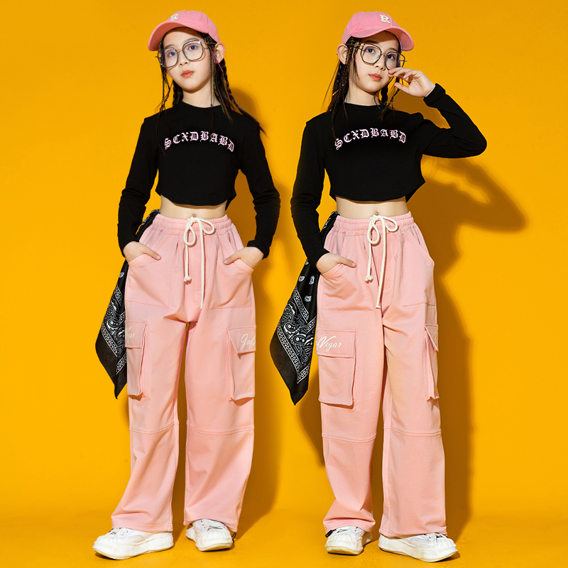 Kpop Jazz Dance Costume Girls Modern Dance Performance Clothes Kids Hip Hop  Outfit Black Tops Pink Cargo Pants Fashion B size 160cm Color 4pcs