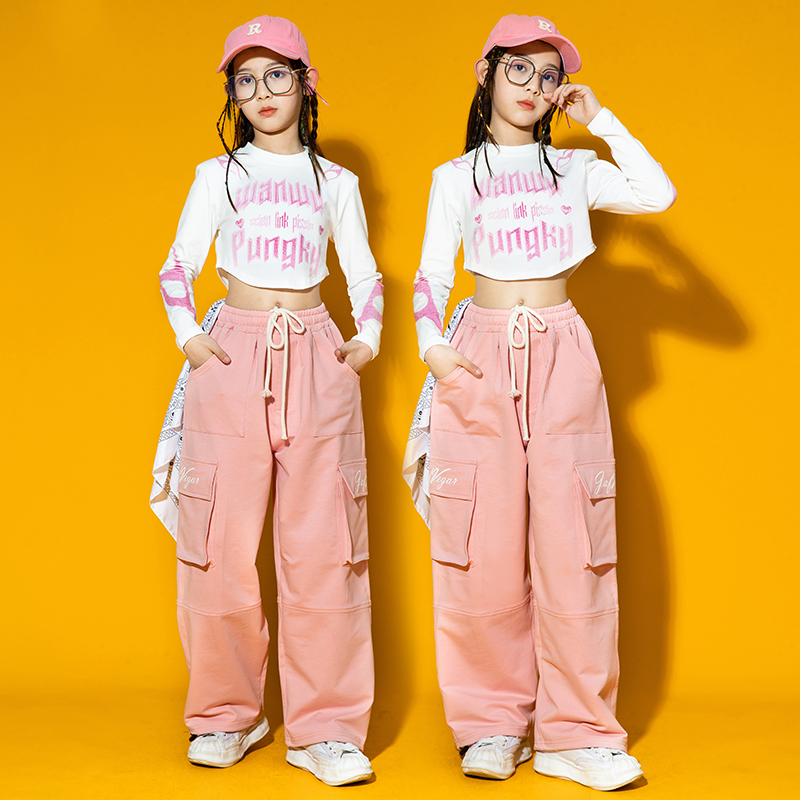 Hip Hop Kids Jazz Dance Costume Girls Crop Tops Pink Long Sleeves White  Pants Concert Performance Outfit Kpop Stage Wear size 160cm Color Vest-Tops  2pcs