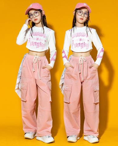 Pink Jazz Dance Performance Outfit For Girls Hip Hop Crop Top And