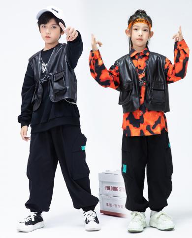 2023 Kids Hip Hop Dance Costume Girls Kpop Outfit Black Leather Vest Pants  Boys Streetwear Jazz