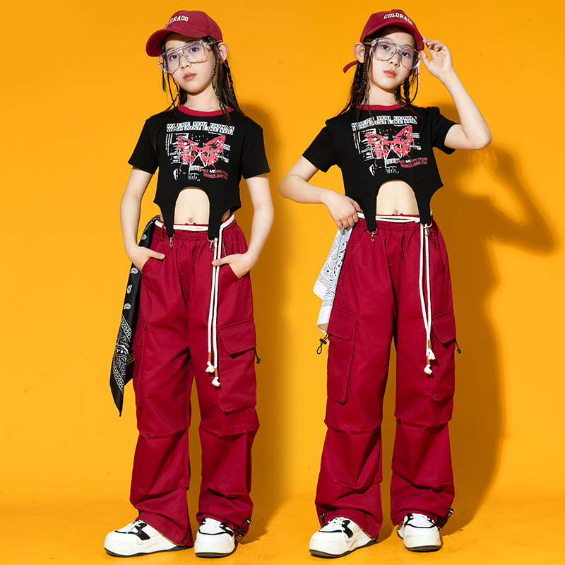 Jazz Dance Costume Girls Hip Hop Clothes Crop Tops Red Cargo Pants Kids  Street Dance Performance Wear Kpop Stage Outfit size 170cm Color  Tops-Pants-Belt 3pcs