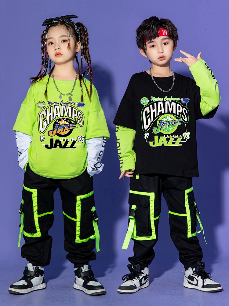 Kids Kpop Hip Hop Dance Outfit Girls Green Long Sleeves Street