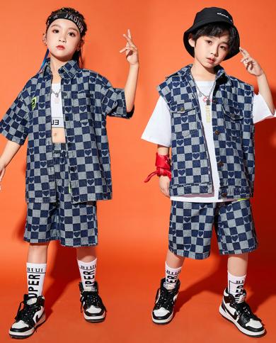 2023 Hip Hop Girls Dance Clothes Summer Blue Short Sleeves Suit Loose Tops  Pants Street Wear Kids Jazz Modern Dancewear size 120CM Color Vest-Tops 2pcs