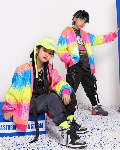 Children Colorful Sequined Coat Hip Hop Dance Costume Black Cargo